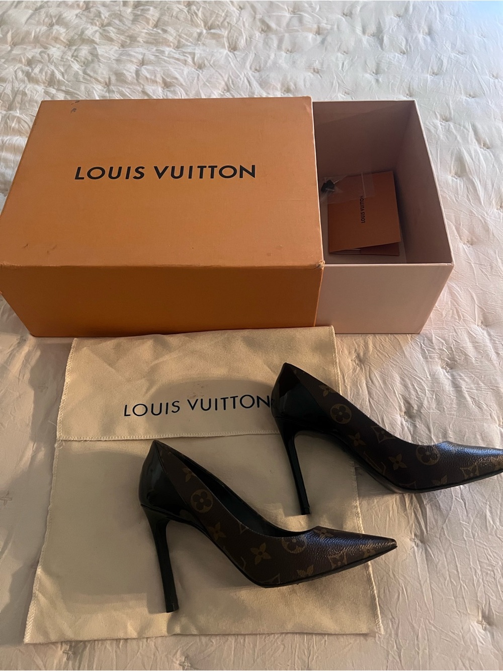 Louis Vuitton Monogram Pointed Stiletto Heels in Brown and Black Patent